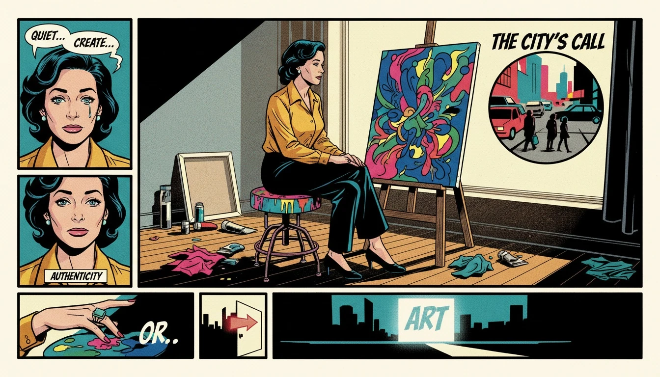 A person embodying the experience of an ISFP feeling lonely sits in a quiet art studio, choosing authentic creation over the bustling city outside. isfp-feeling-lonely-bestie-ai.webp