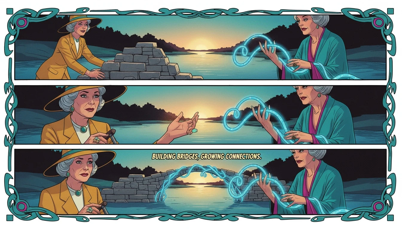 A symbolic image representing ISTJ and INFP relationship compatibility, showing a solid figure building a stone bridge to meet a gentle figure growing glowing vines, demonstrating their connection. istj-and-infp-relationship-compatibility-bestie-ai.webp