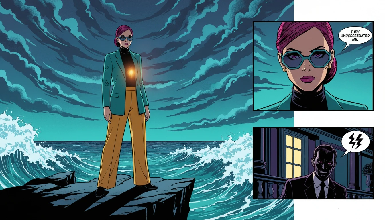 A powerful depiction of ISTJ female characteristics, showing a strong, independent woman standing calmly against a stormy backdrop, symbolizing her resilience and inner strength. Filename: istj-female-characteristics-bestie-ai.webp