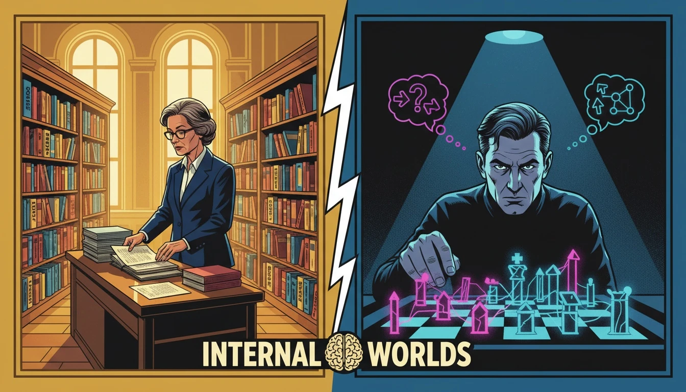 A split-screen image showing the ISTJ vs INTJ differences: a neat library symbolizing past-focused logic versus a glowing chessboard symbolizing future-focused strategy. Filename: istj-vs-intj-differences-bestie-ai.webp