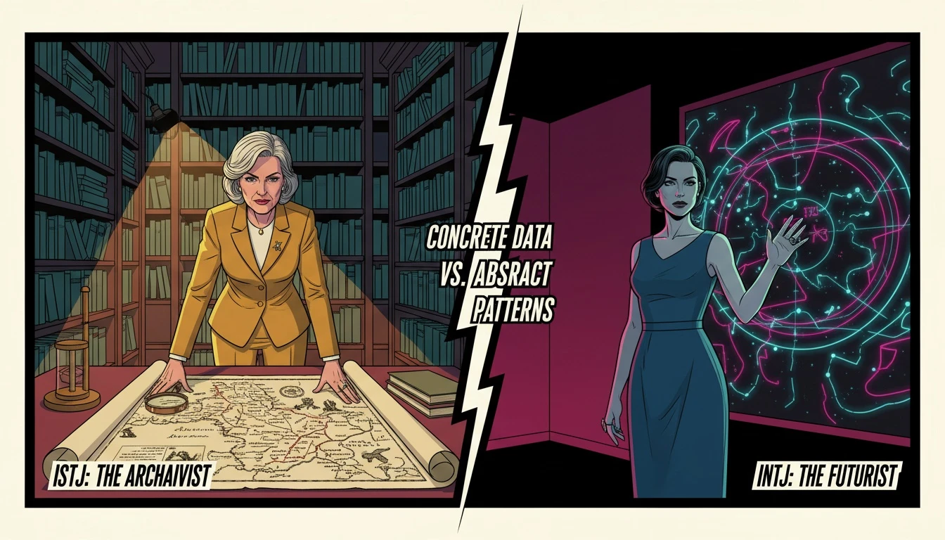 A split image illustrating ISTJ vs INTJ key differences. The left shows a detailed map for the practical ISTJ personality, while the right shows an abstract star chart for the visionary INTJ. istj-vs-intj-key-differences-bestie-ai.webp