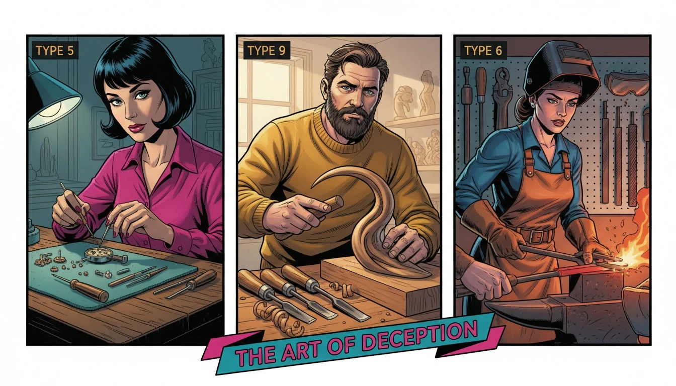 A workbench displaying three toolsets, symbolizing the different ISTP enneagram types and their core motivations for practical mastery. filename: istp-enneagram-types-bestie-ai.webp