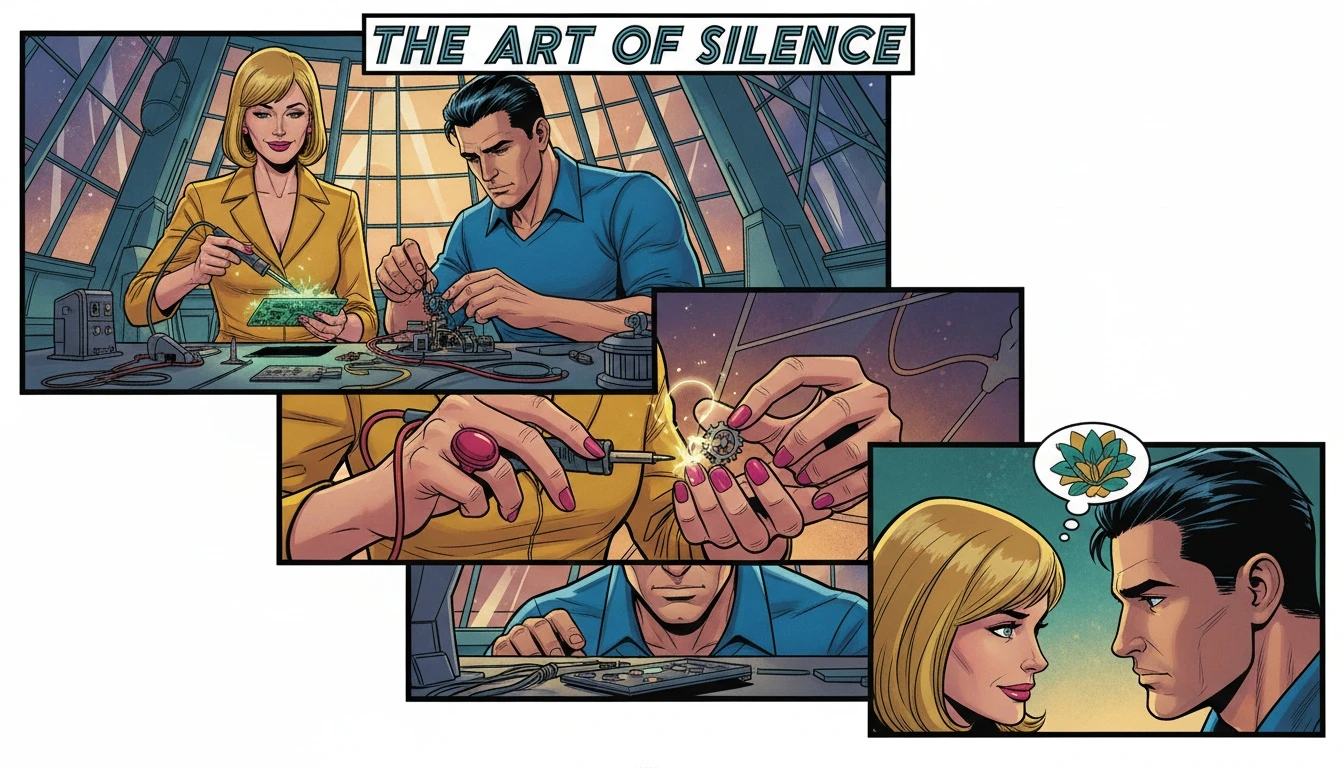 Two people embodying the ideal of ISTP friendships and social life, working comfortably in silence on a shared project in a workshop. istp-friendships-social-life-guide-bestie-ai.webp