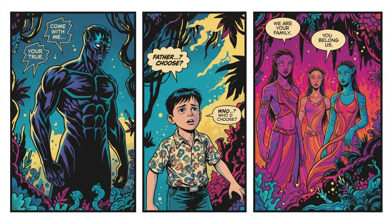 A symbolic image depicting the psychological conflict of Spider, a character portrayed by Jack Champion, torn between his two father figures in the world of Avatar. jack-champion-avatar-spider-psychology.webp