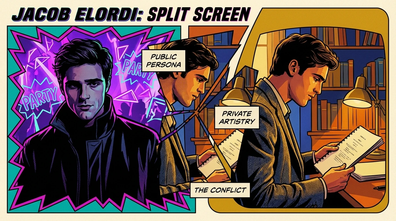 A symbolic image representing the artistic evolution of Jacob Elordi, showing the contrast between his famous, chaotic roles and his thoughtful dedication to the craft of acting. Filename: jacob-elordi-best-performances-ranked-bestie-ai.webp