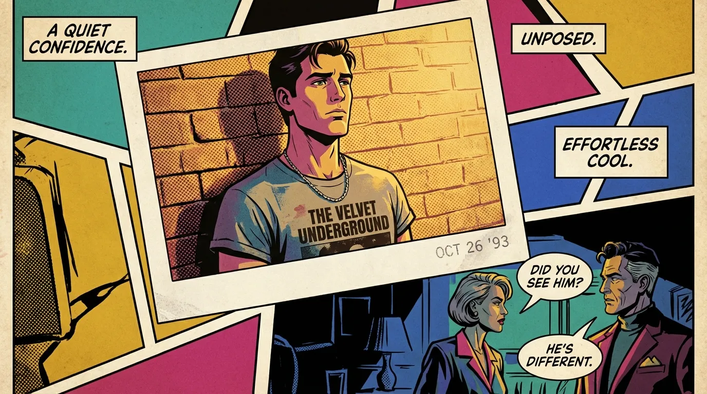 A man capturing the minimalist style of Jacob Elordi, wearing a vintage t-shirt and exuding quiet confidence, illustrating the principles of the Jacob Elordi style guide. Filename: jacob-elordi-style-guide-bestie-ai.webp