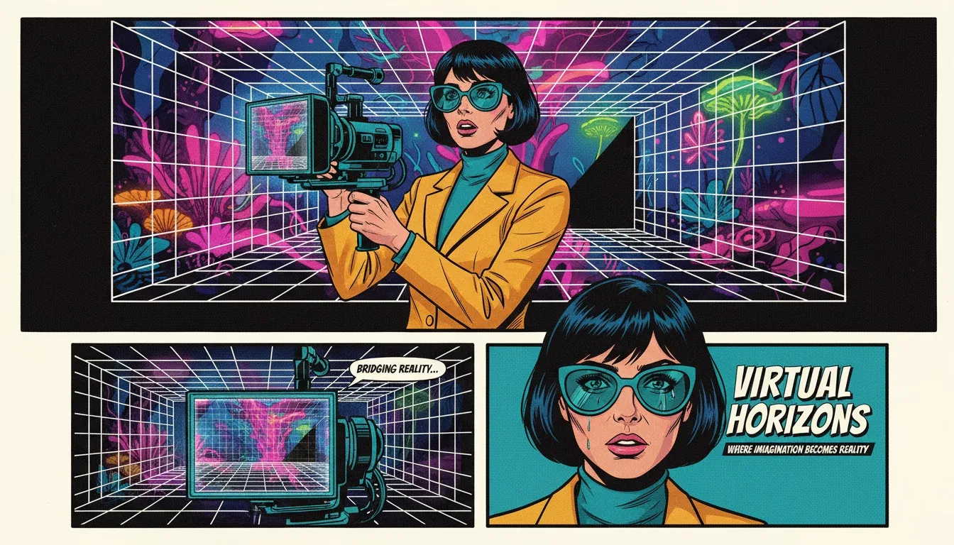 A director using one of the key James Cameron filmmaking technology innovations, a virtual camera, to see a CGI world on a motion capture stage. filename: 'james-cameron-filmmaking-technology-innovations-bestie-ai.webp'