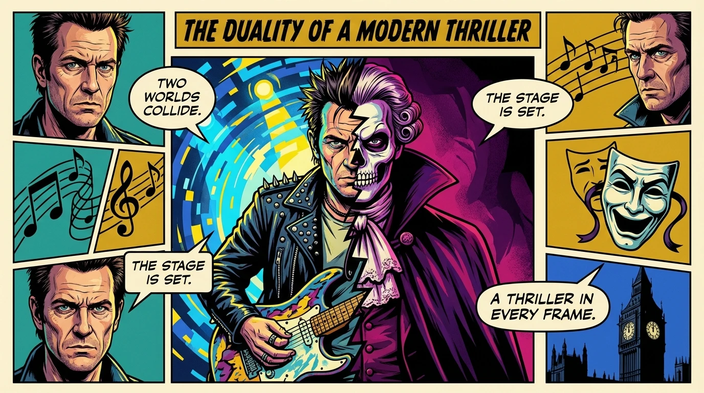 A symbolic image representing the duality of the Jamie Campbell Bower music career and his acting persona. jamie-campbell-bower-music-career-bestie-ai.webp