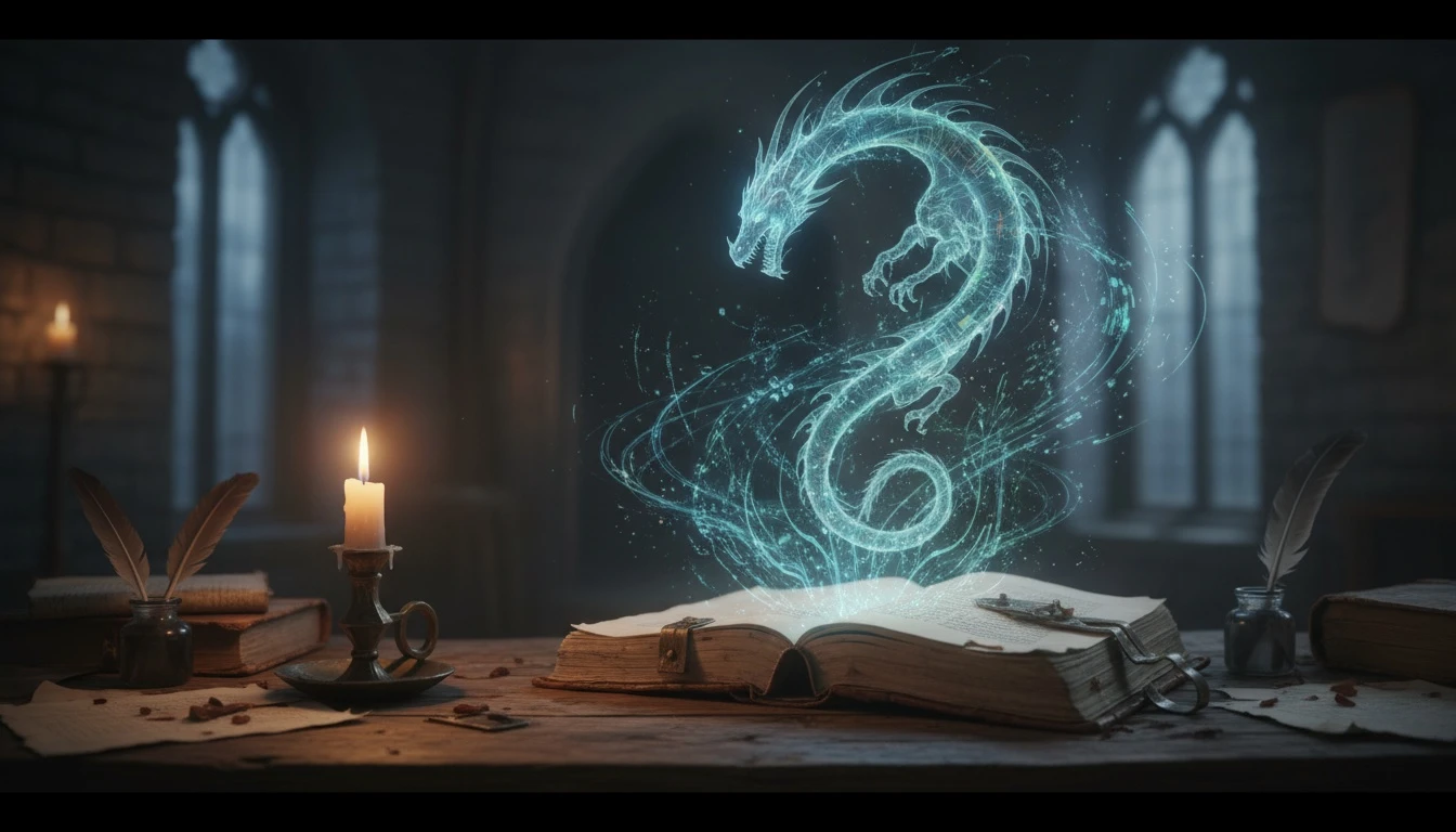 An open book shows the intersection of creative writing and ai fantasy, as glowing lines of code form a dragon, symbolizing the Janitor AI vs Character AI for fantasy choice. Filename: ai-fantasy-janitor-vs-character-ai-bestie-ai.webp