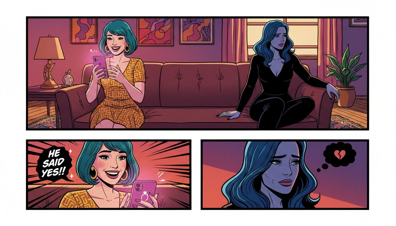 A woman looks away with a complicated expression, illustrating the feeling of jealousy in friendships while her best friend celebrates a success on her phone. Filename: jealousy-in-friendships-bestie-ai.webp