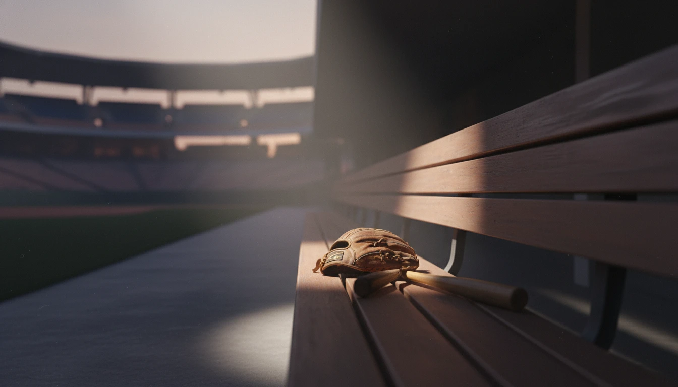 A solitary baseball glove on a dugout bench, symbolizing the complex emotions and clubhouse drama explained following the Jeff McNeil trade. jeff-mcneil-trade-clubhouse-drama-explained-bestie-ai.webp
