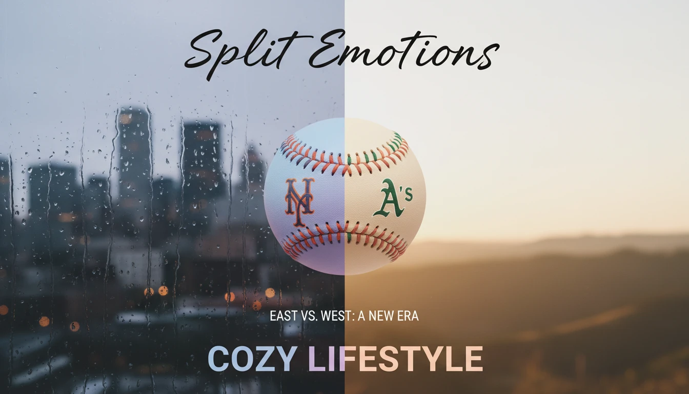 A symbolic image representing the fan reaction to the Jeff McNeil trade, showing a baseball split between the somber Mets and hopeful A's perspectives. jeff-mcneil-trade-fan-reaction-mets-vs-as-bestie-ai.webp