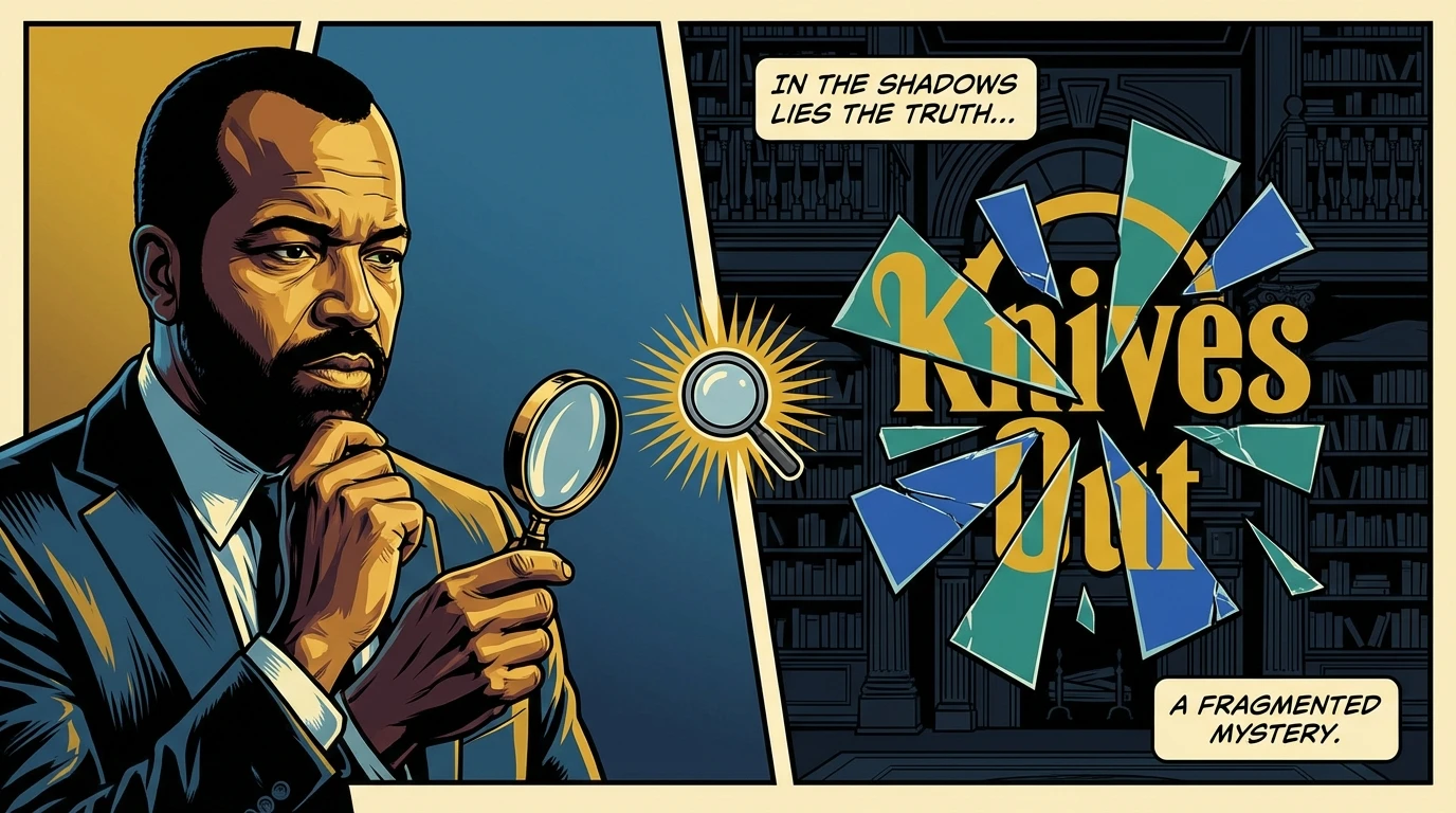 A conceptual image for the 'Knives Out 3' casting, showing a portrait of Jeffrey Wright next to the movie's shattered glass logo, hinting at the mystery he'll be a part of. Filename: jeffrey-wright-knives-out-3-character-bestie-ai.webp
