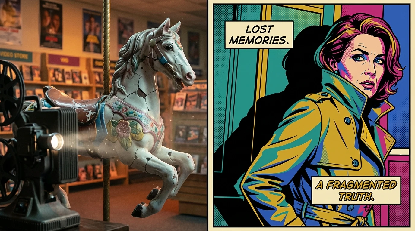 A broken carousel horse symbolizes the controversy and the Jennifer Connelly Career Opportunities scene regret, viewed through a nostalgic lens. Filename: jennifer-connelly-career-opportunities-scene-regret-bestie-ai.webp