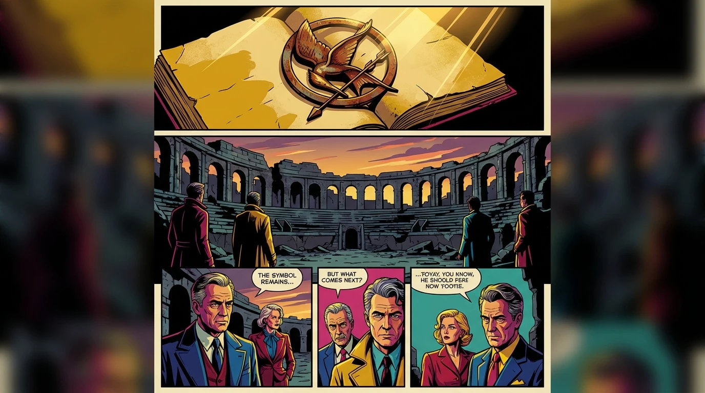 A mockingjay pin symbolizing the anticipation for a Jennifer Lawrence new hunger games movie, resting on a book titled 'Sunrise on the Reaping'. jennifer-lawrence-new-hunger-games-movie-bestie-ai.webp