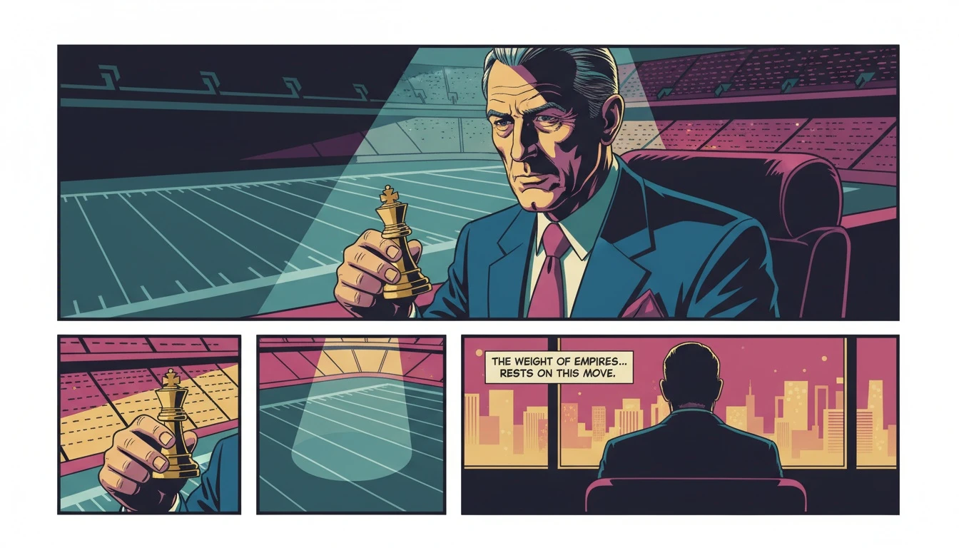 A solitary Jerry Jones contemplates the future of the Dallas Cowboys from his skybox, a single chess piece in hand, symbolizing the weighty decision regarding the team's coaching staff. Filename: jerry-jones-coaching-decision-cowboys.webp