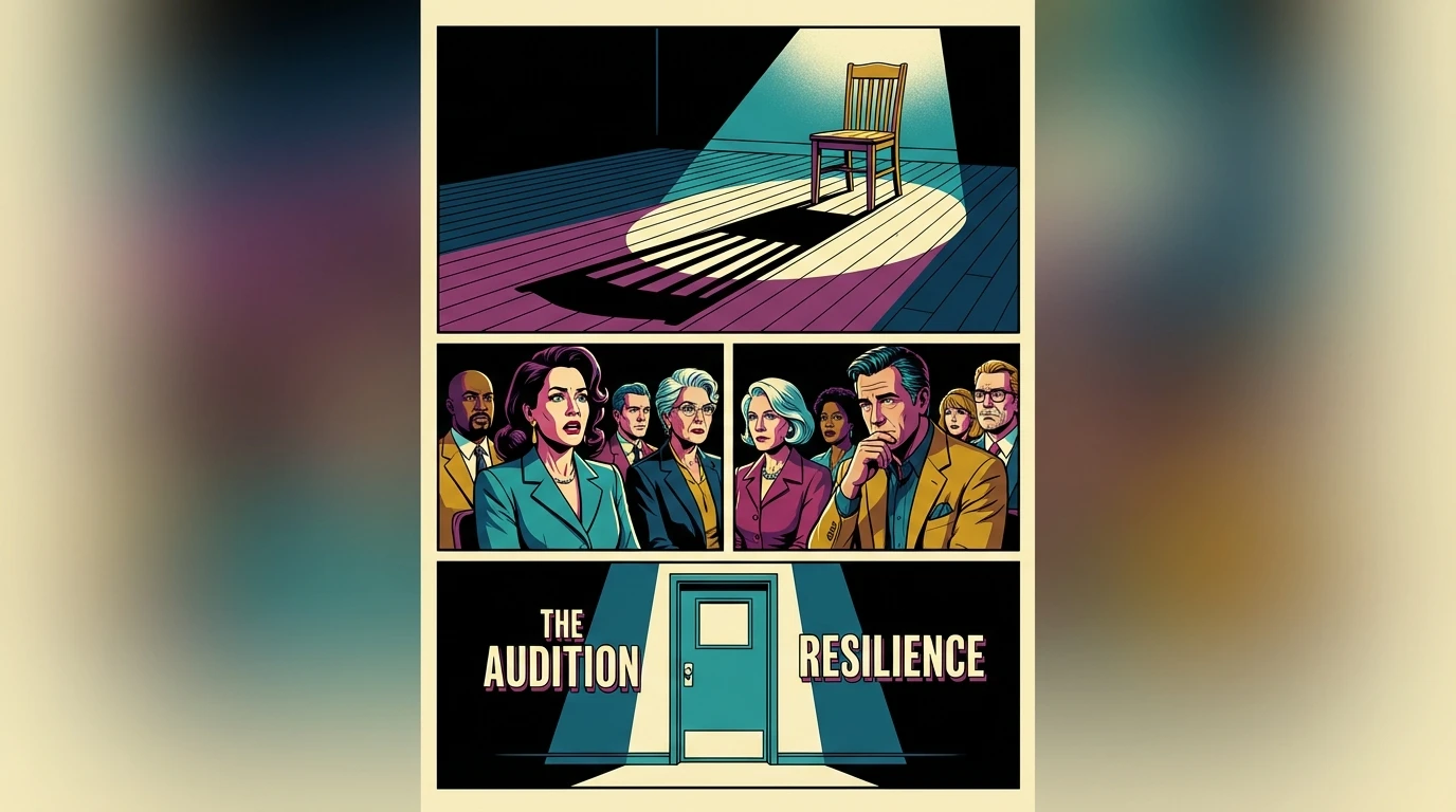A lone chair in a spotlight representing the emotional weight of Josh Brolin audition stories and the resilience required for overcoming rejection. Filename: josh-brolin-audition-stories-resilience-bestie-ai.webp