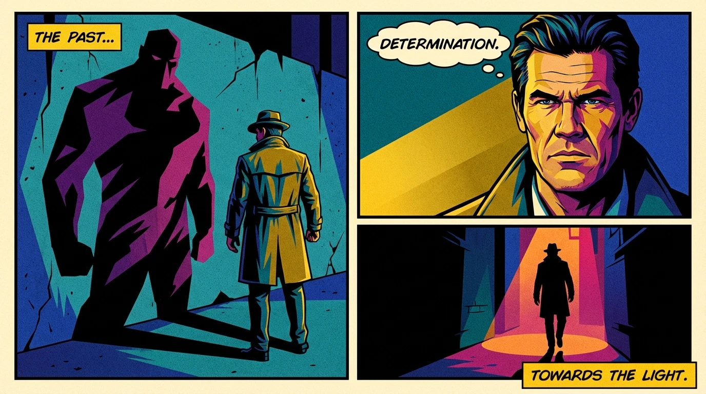 An illustration exploring the complex Josh Brolin and James Brolin relationship, depicting a son stepping out of his father's long shadow into his own spotlight. Filename: josh-brolin-james-brolin-relationship-bestie-ai.webp