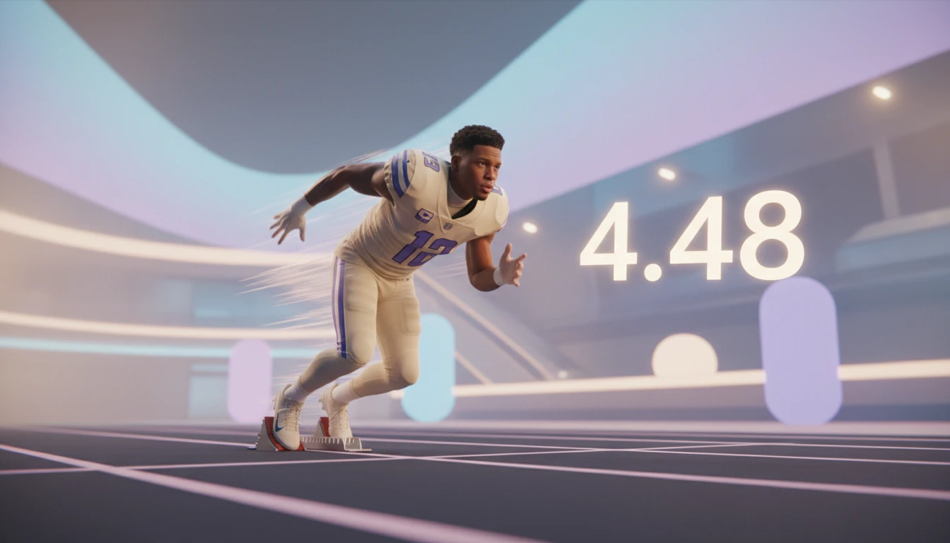 An illustration showing the explosive speed of Josh Downs running his 40 time, a crucial metric of his athletic performance and combine stats for the Indianapolis Colts. josh-downs-40-time-combine-stats-bestie-ai.webp