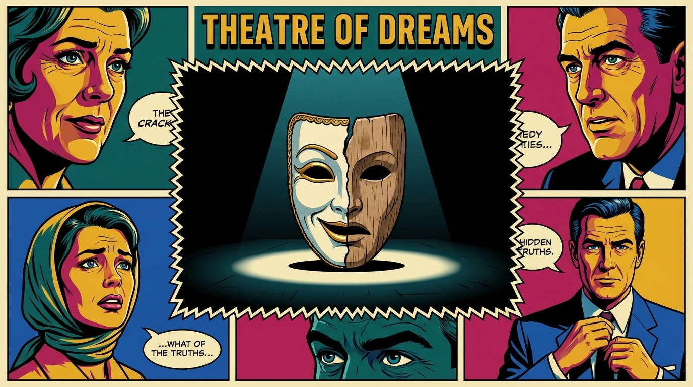 A cracked theatre mask on a stage, symbolizing the complex public persona of actor Josh O'Connor and the search for authenticity. Filename: josh-oconnor-public-persona-bestie-ai.webp