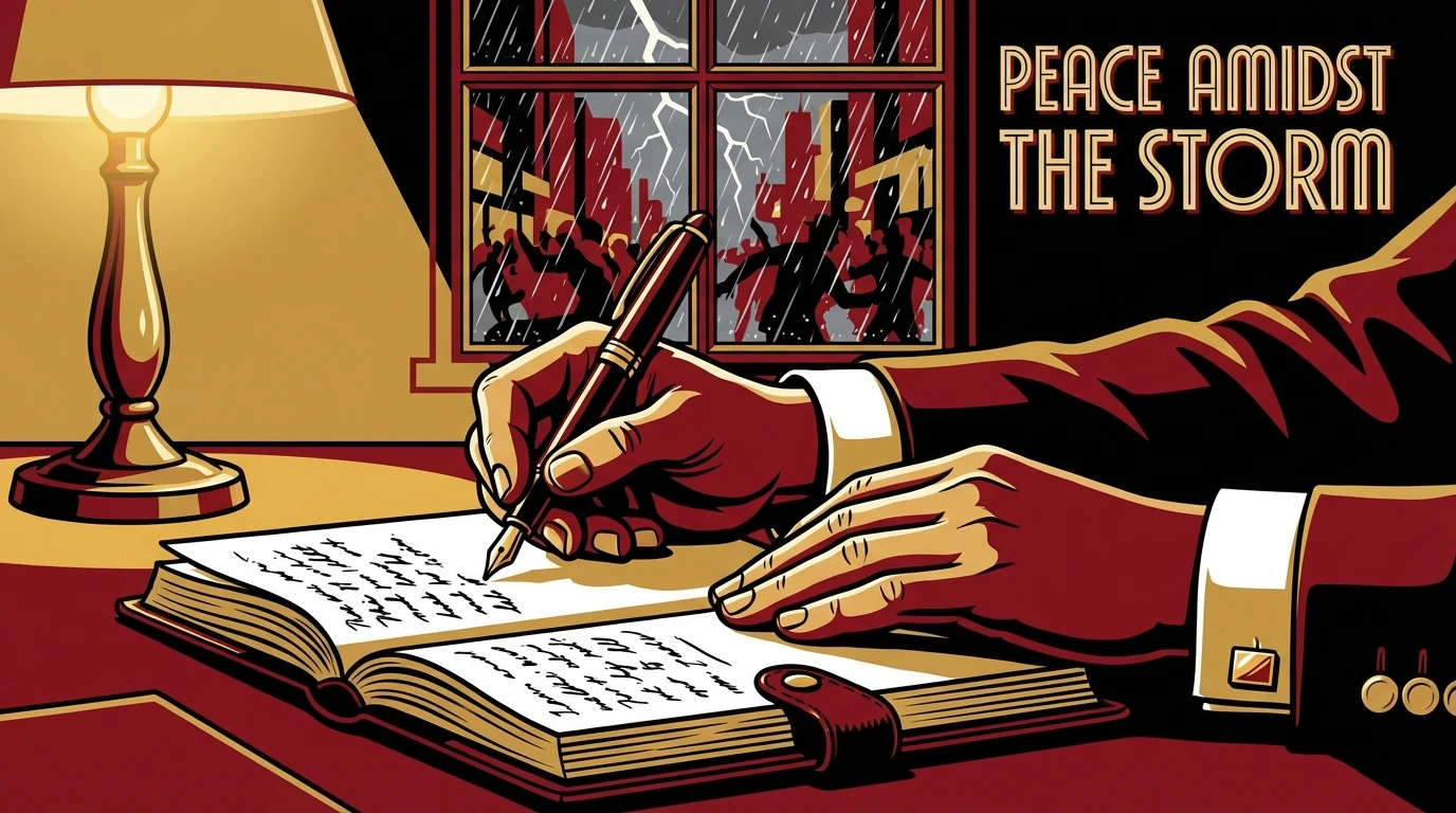 A person using effective journaling techniques for anxiety to find calm, writing in a book by a warm lamp while a storm rages outside. filename: journaling-techniques-for-anxiety-bestie-ai.webp