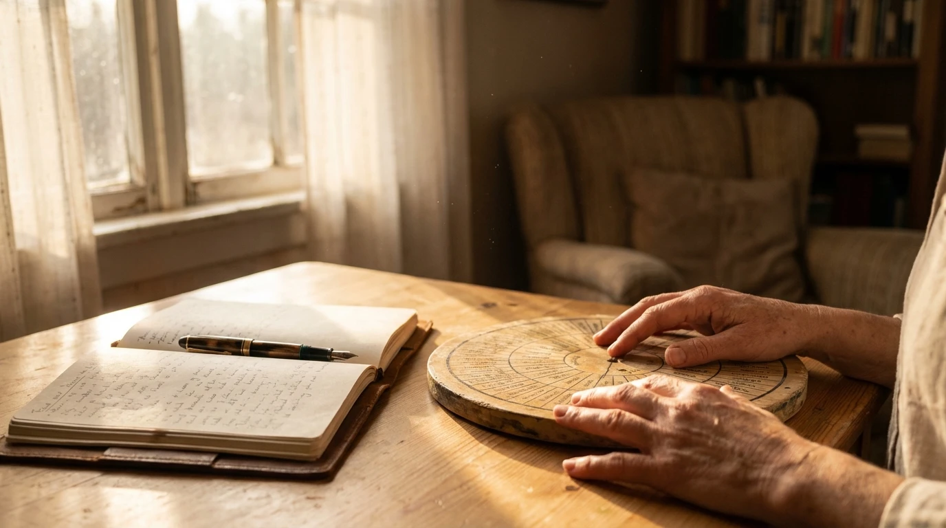 An introspective image showing a feelings wheel and a journal, symbolizing the process of journaling to increase emotional intelligence and self-awareness. filename: journaling-to-increase-emotional-intelligence-bestie-ai.webp