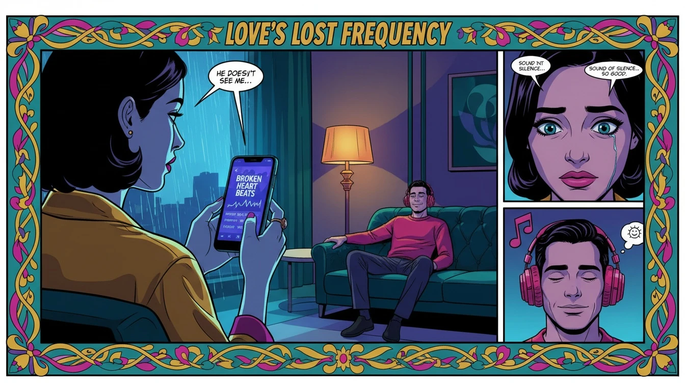 A woman looking at a breakup playlist on her phone, illustrating the anxiety that comes with judging a partner's music taste and its potential red flags. filename: judging-partners-music-taste-bestie-ai.webp