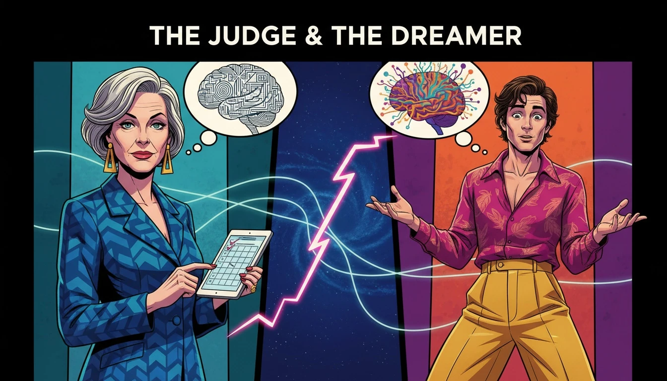 An artistic depiction of the cognitive difference in Judging vs Perceiving, showing an orderly brain connected to a spontaneous one, illustrating MBTI information processing. filename: judging-vs-perceiving-cognitive-functions-bestie-ai.webp