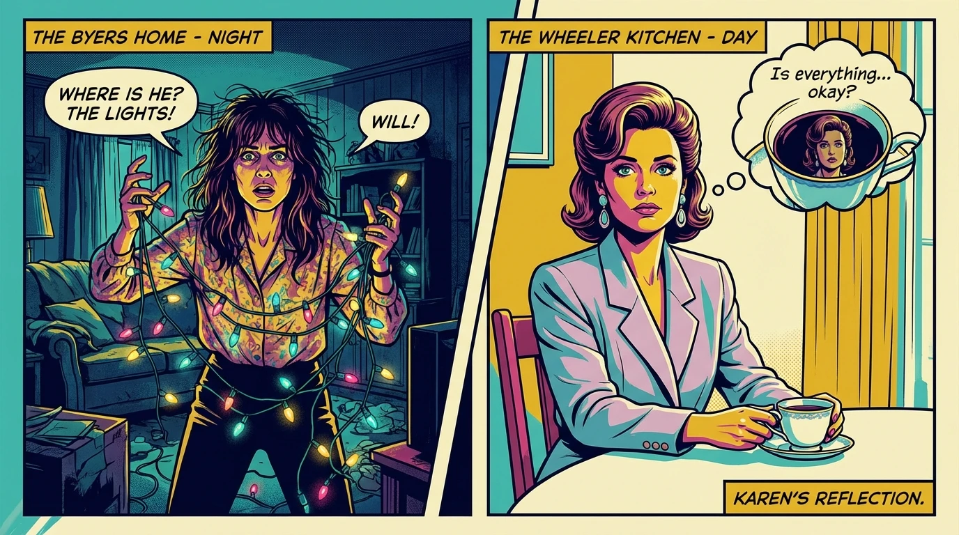 A split image representing the Karen Wheeler vs Joyce Byers analysis, showing Joyce's chaotic strength with glowing lights and Karen's quiet, protective worry in a perfect home. filename: karen-wheeler-vs-joyce-byers-analysis-bestie-ai.webp