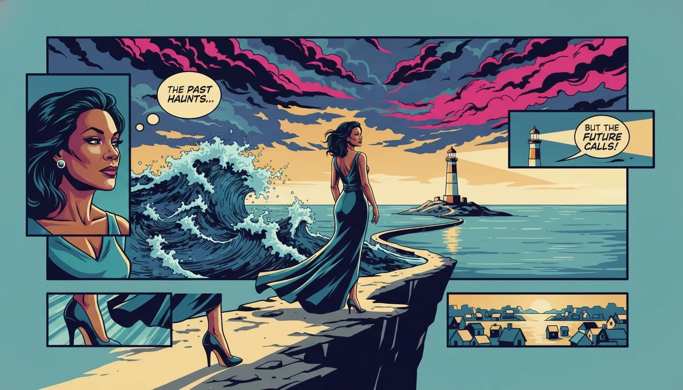 An illustration symbolizing the relationship patterns of Karrueche Tran, showing a woman turning away from a stormy past towards a future of calm stability. Filename: karrueche-tran-relationship-patterns-deion-sanders-bestie-ai.webp