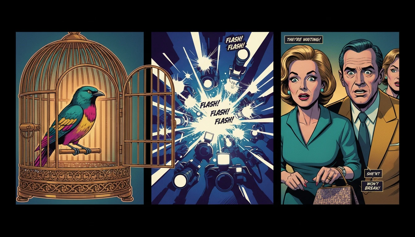A symbolic image showing the resilience of Kate Winslet against the psychological effects of fame. A bird sits in an open cage, its internal safe house, while a storm of paparazzi cameras flashes outside, illustrating the need for protection from celebrity privacy invasion. Filename: kate-winslet-psychological-effects-of-fame-bestie-ai.webp