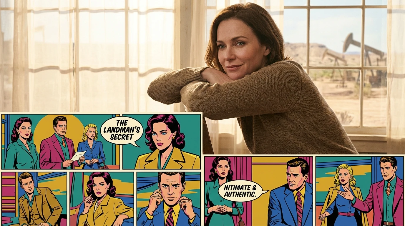 An intimate portrait of actress Kayla Wallace discussing her interviews for the show Landman, with a thoughtful expression hinting at future seasons. Filename: kayla-wallace-interviews-landman.webp