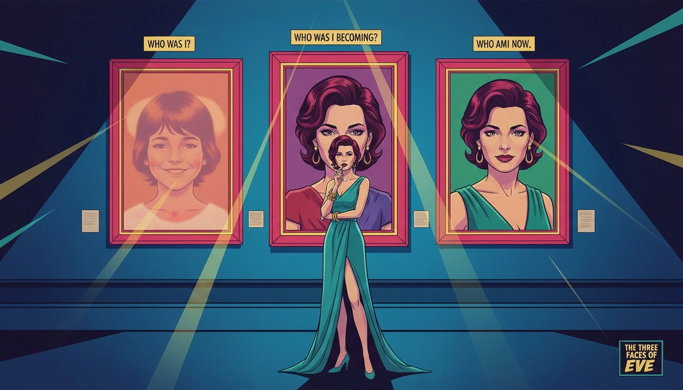 A symbolic image of a woman viewing portraits of her evolving self, reflecting how a dating history, like the public interest in a Kendall Jenner boyfriend, is a map of personal growth. filename: kendall-jenner-boyfriend-personal-growth.webp