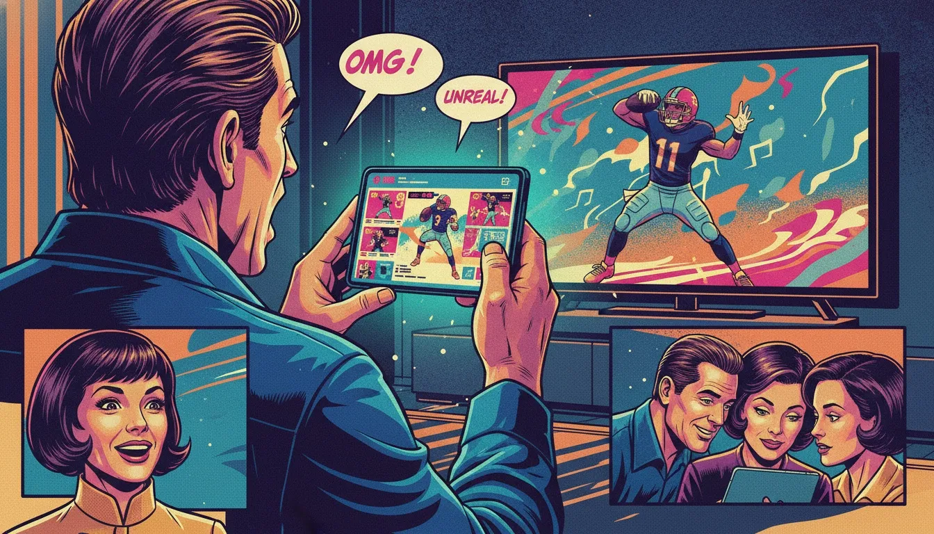 A fan reacts with shock and excitement while looking at social media reactions to a viral play by Kenneth Gainwell on their smartphone, capturing the internet explosion. filename: kenneth-gainwell-internet-reaction-viral-play-bestie-ai.webp