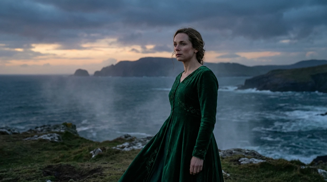 An artistic depiction of the thoughtful and evolving red carpet style of Kerry Condon, showing her quiet confidence. filename: kerry-condon-style-evolution-bestie-ai.webp