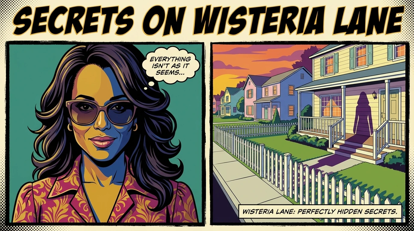 A conceptual image teasing the idea of Kerry Washington joining Desperate Housewives, showing her portrait next to a mysterious Wisteria Lane. filename: kerry-washington-desperate-housewives-reboot-bestie-ai.webp