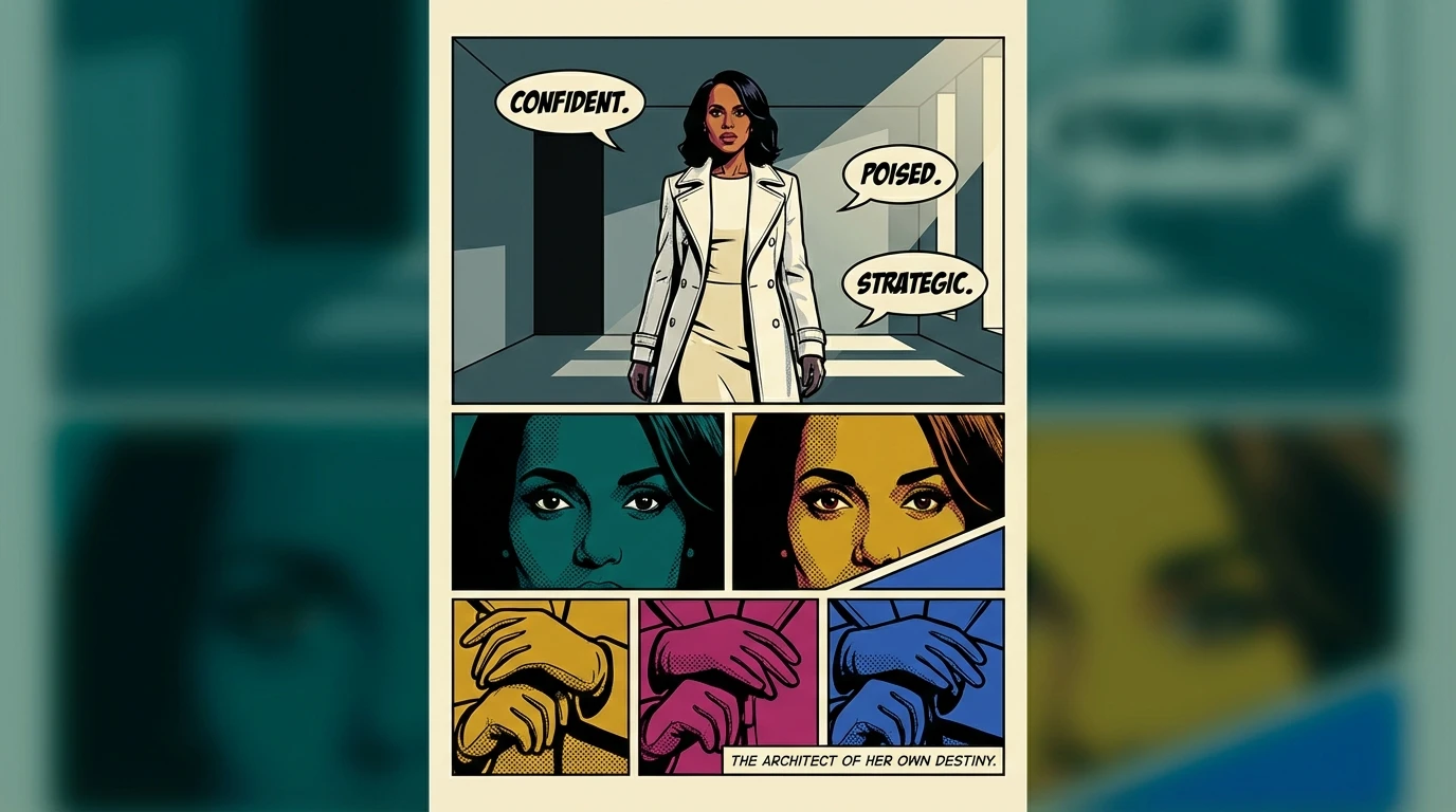 A woman embodying the essence of Kerry Washington fashion, wearing a powerful white coat in a minimalist setting, showcasing her iconic Olivia Pope style. kerry-washington-fashion-style-guide-bestie-ai.webp