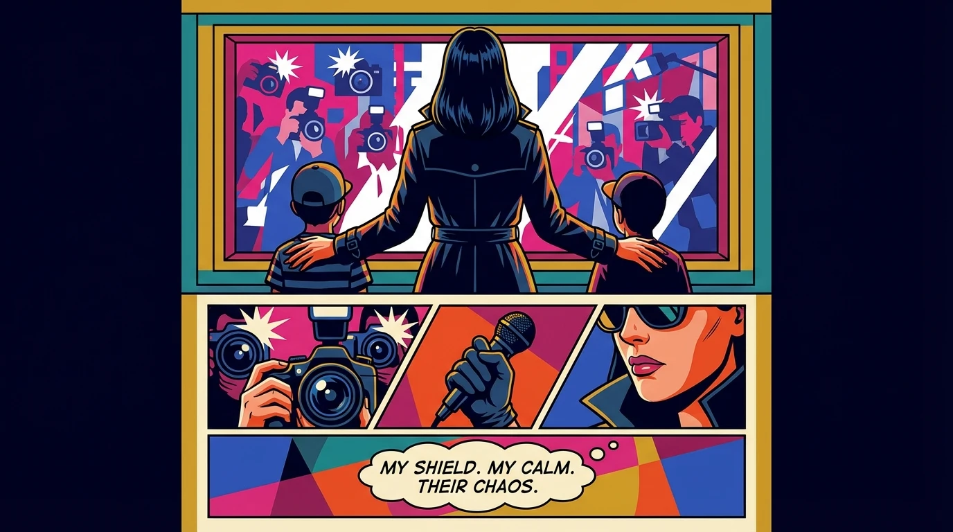 A symbolic image representing the privacy of Kerry Washington husband and children, showing a protective mother shielding her kids from the public eye. Filename: kerry-washington-husband-and-children-privacy-bestie-ai.webp