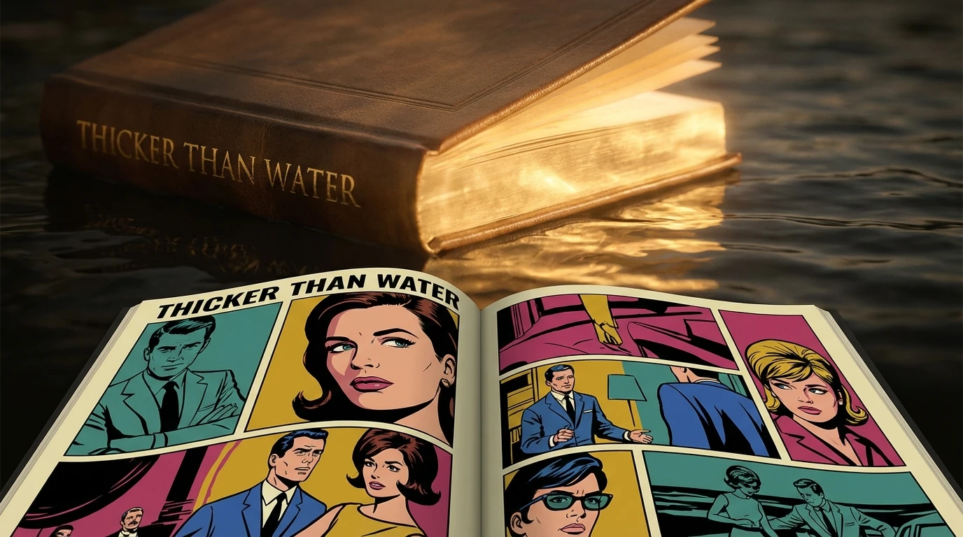 A symbolic image representing the healing journey in the Kerry Washington memoir Thicker Than Water, with a glowing book casting light on dark water. File: kerry-washington-memoir-thicker-than-water-bestie-ai.webp