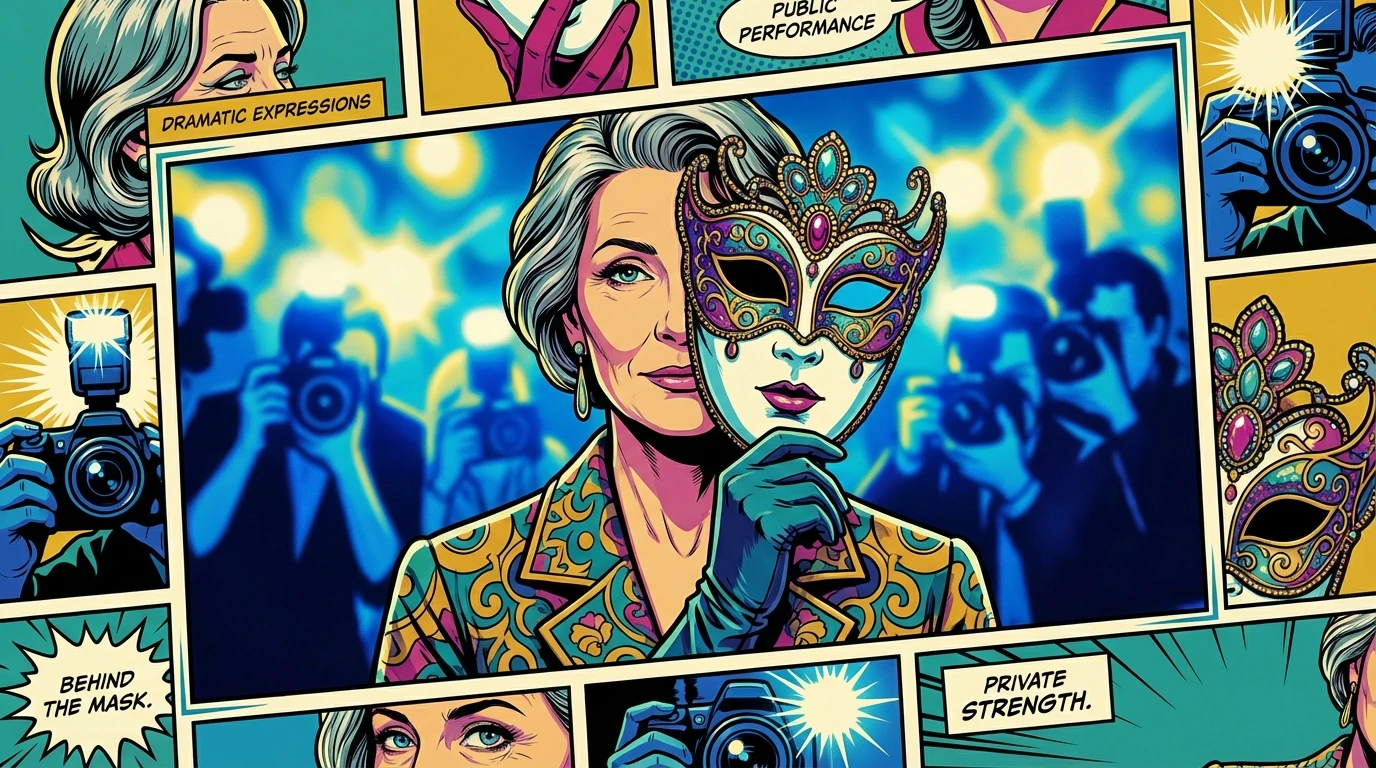 A woman holds an ornate mask, symbolizing the masterfully managed Kerry Washington public image and the separation between a public persona and a private self. kerry-washington-public-image-bestie-ai.webp