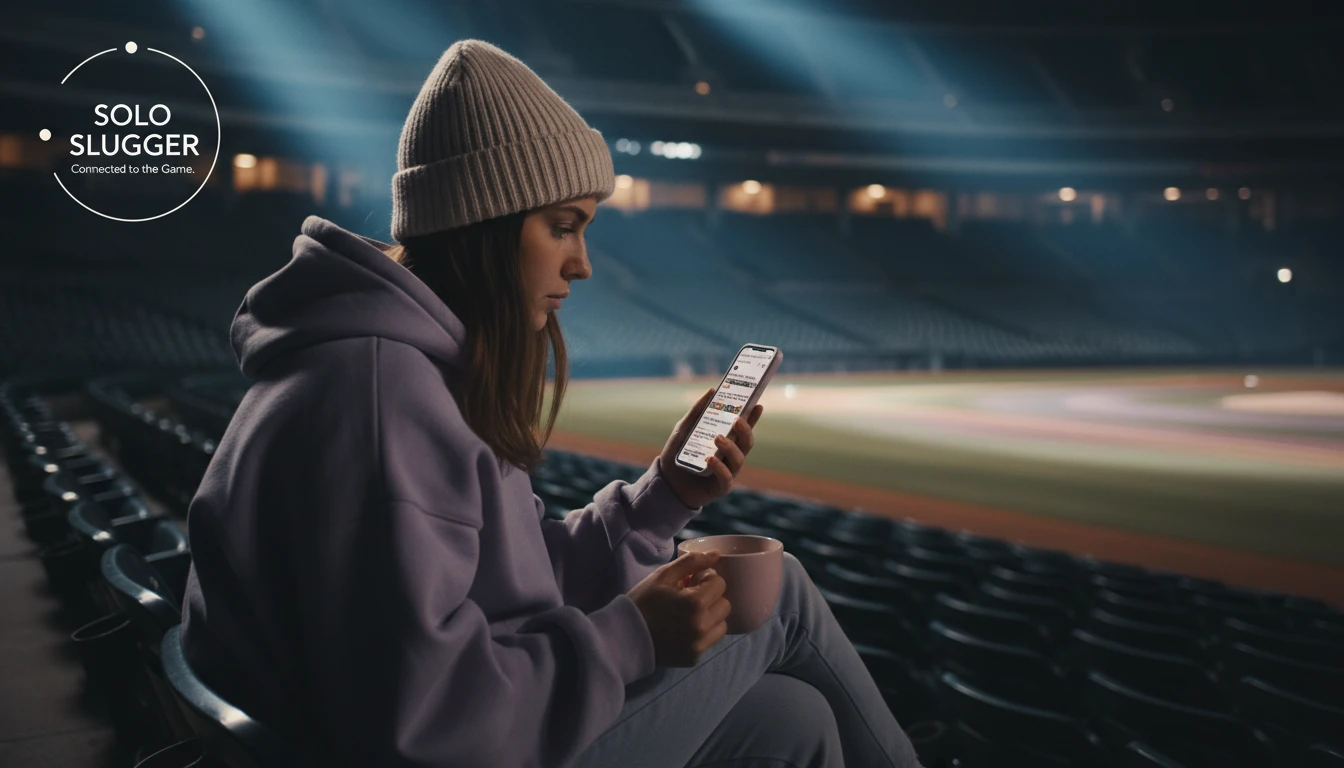 A stressed fan looking at Ketel Marte trade rumors on their phone in an empty stadium, illustrating the psychology of sports fan anxiety. Filename: ketel-marte-trade-rumors-fan-anxiety-bestie-ai.webp