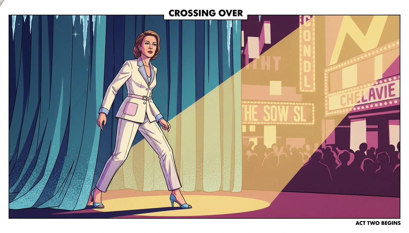 kristen-bell-career-transitions-identity-bestie-ai.webp - A symbolic representation of Kristen Bell navigating career transitions and identity by stepping from a frosty stage into a warm theatrical spotlight.