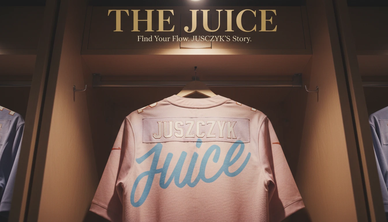 An image illustrating the kyle juszczyk nickname origin, showing his 49ers jersey in a locker with a shadow spelling 'JUICE' to symbolize his famous identity. Filename: kyle-juszczyk-nickname-origin-bestie-ai.webp