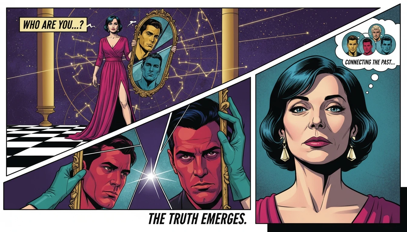 A symbolic image representing a Kylie Jenner relationship history timeline, where a woman looks at her past partners in a fragmented mirror to understand her life's patterns. Filename: kylie-jenner-relationship-history-timeline-bestie-ai.webp