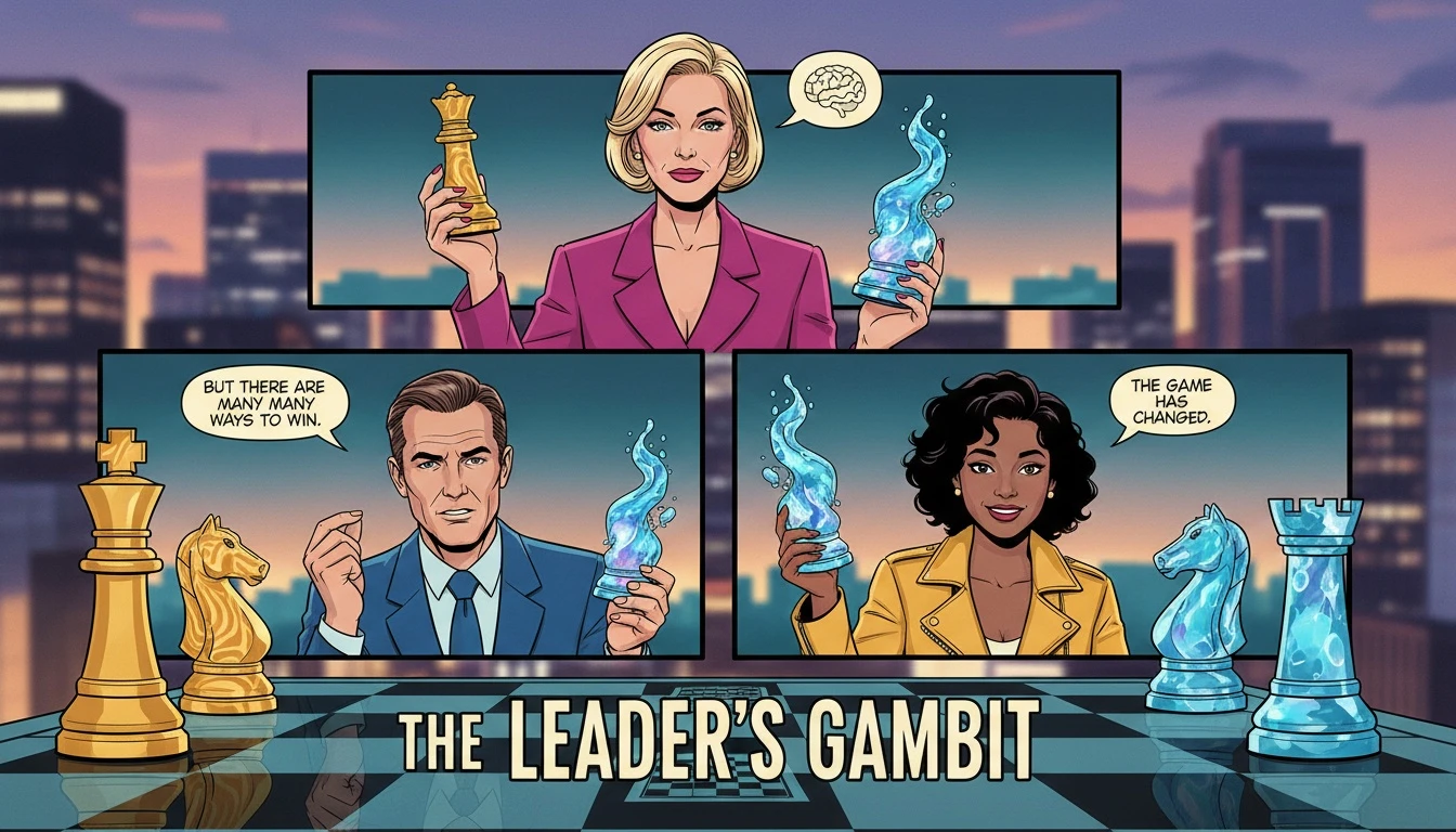 A symbolic chessboard exploring different Leadership MBTI styles, with unique pieces suggesting that leadership isn't confined to one archetype. Filename: leadership-mbti-styles-bestie-ai.webp