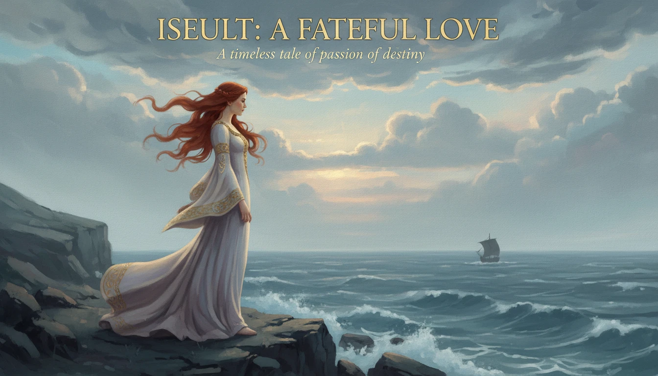 An artistic depiction for our legend of Tristan and Iseult summary, showing the fair Yseult on a cliff watching a ship on the horizon, symbolizing fateful love and tragedy. File: legend-of-tristan-and-iseult-summary-bestie-ai.webp