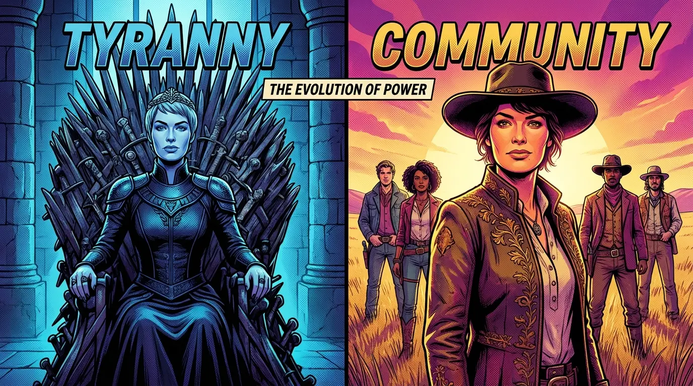 A split-image illustrating the character evolution of Lena Headey, from the cold tyranny of Cersei Lannister to the resilient community leadership in The Abandons. Filename: lena-headey-the-abandons-vs-game-of-thrones-bestie-ai.webp