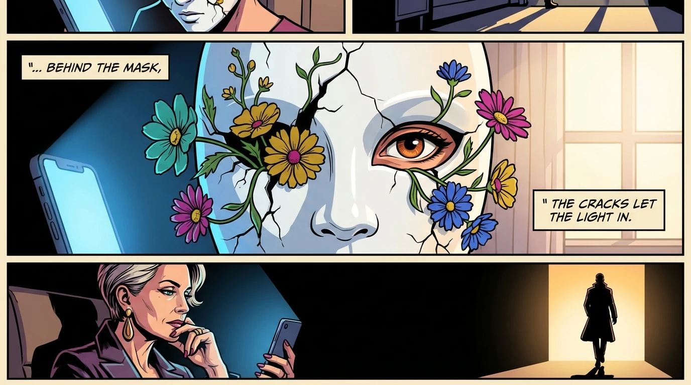 A symbolic image representing the search for the Lena Headey real personality, showing a cracked mask with life growing through it, hinting at the authentic self behind the public persona. Filename: lena-headey-real-personality-bestie-ai.webp