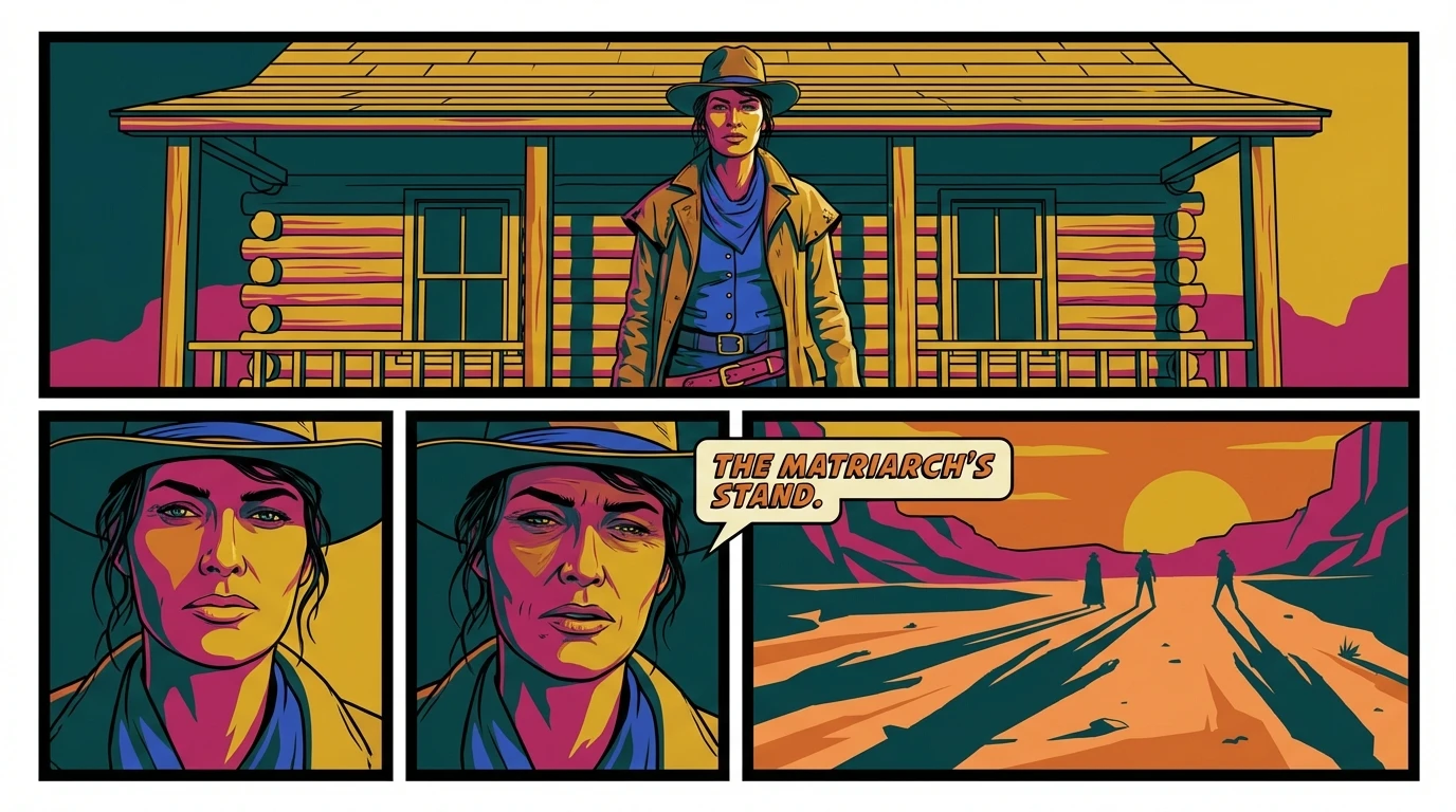 A depiction of Lena Headey as Fiona Nolan in The Abandons, looking over a Western frontier, capturing the essence of the strong female lead in the Netflix series. Filename: lena-headey-the-abandons-review-bestie-ai.webp