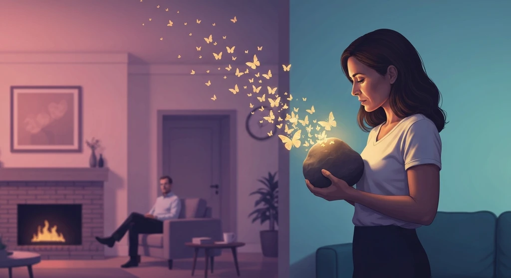 A woman letting go of resentment toward spouse, symbolized by a heavy stone turning into light-filled butterflies, letting-go-of-resentment-toward-spouse-bestie-ai.webp